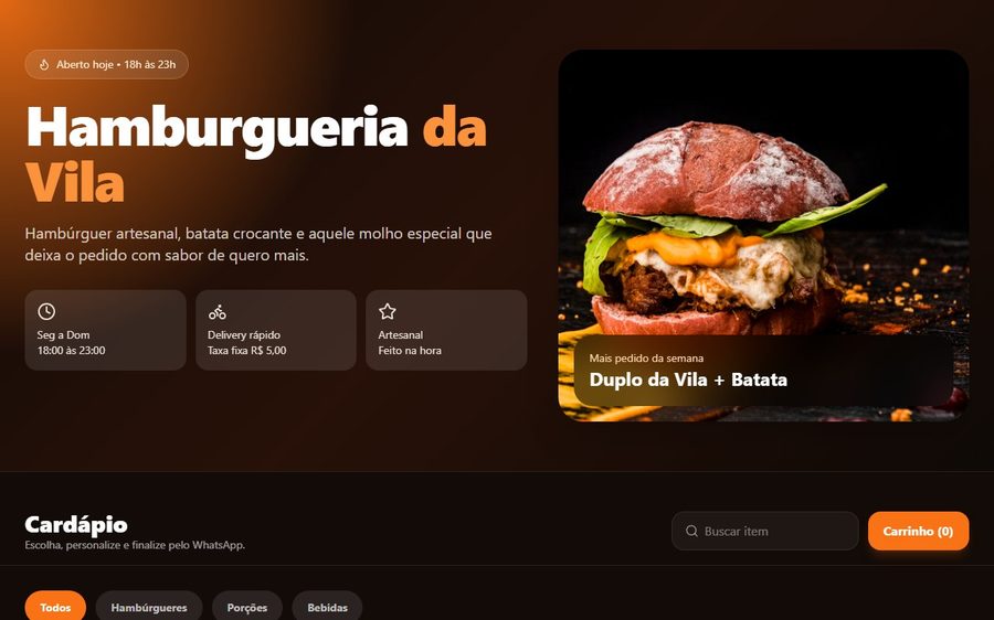 Print real do cardápio digital entregue para a Hamburgueria da Vila