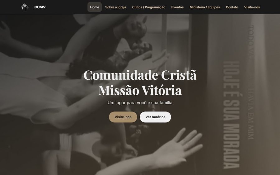 Print real do site institucional entregue para a Comunidade Cristã Missão Vitória